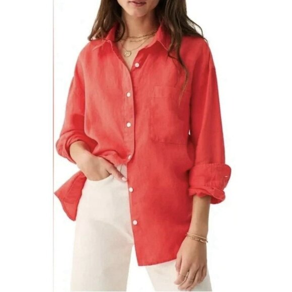 Faherty Womens Laguna 100% Linen Relaxed Shirt Size Small Hibiscus Button Up Top - Picture 1 of 8